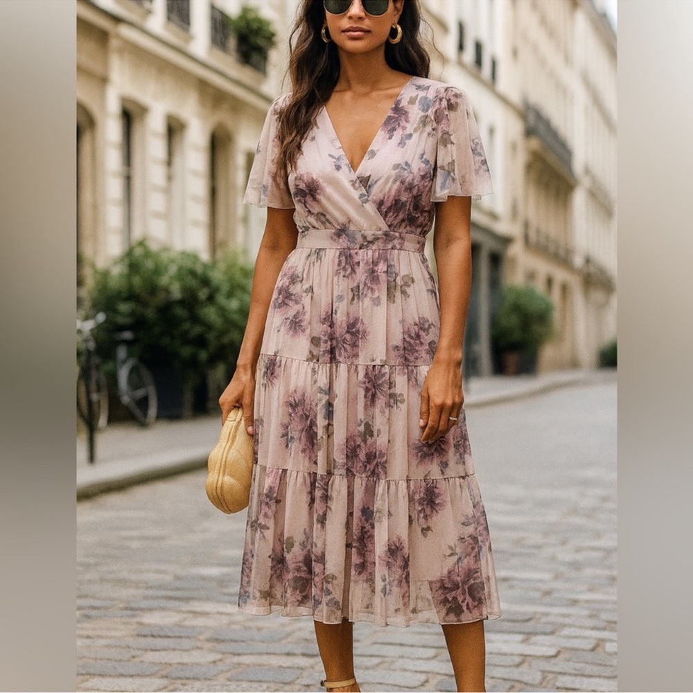 NWT Candalite Floral Midi Dress Sheer Flutter Sleeves
Layered Skirt Women